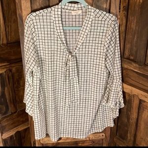 Ember Tunic cream and black XL tie at neck Anthropologie Seni-Sheer Bell Sleeves